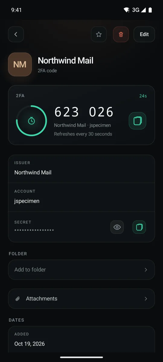 A 2FA entry showing a live six-digit code and the countdown to its refresh.