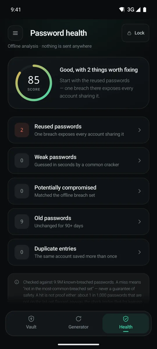 The Password health screen: a score of 85 and five offline checks.