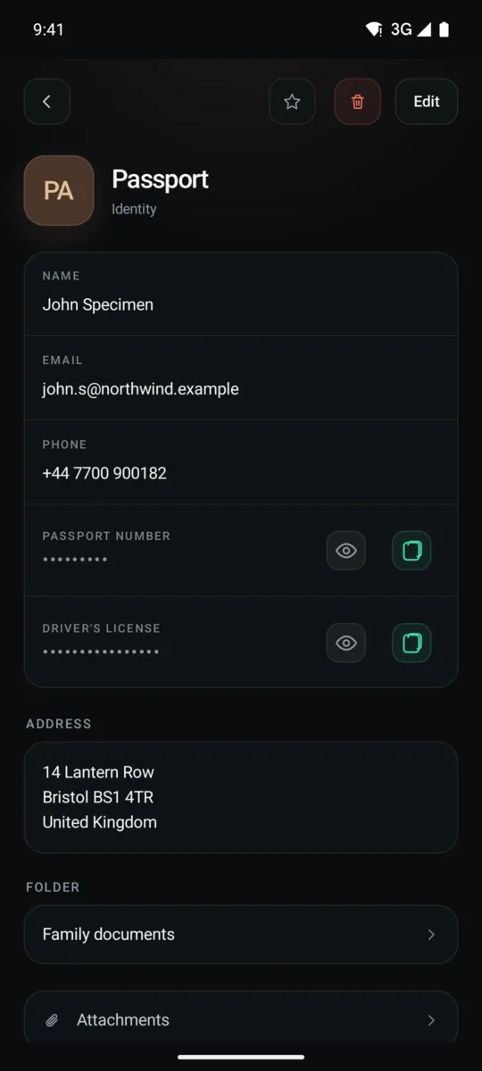 An identity entry: name and contact details in the open, passport and licence numbers masked.