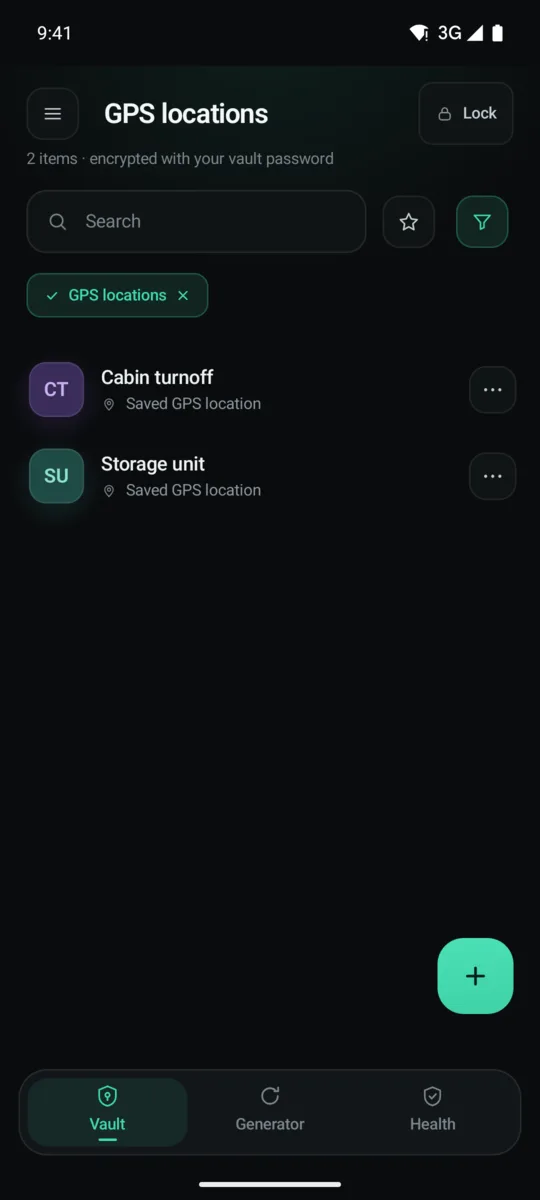 The GPS locations screen listing two saved position readings.