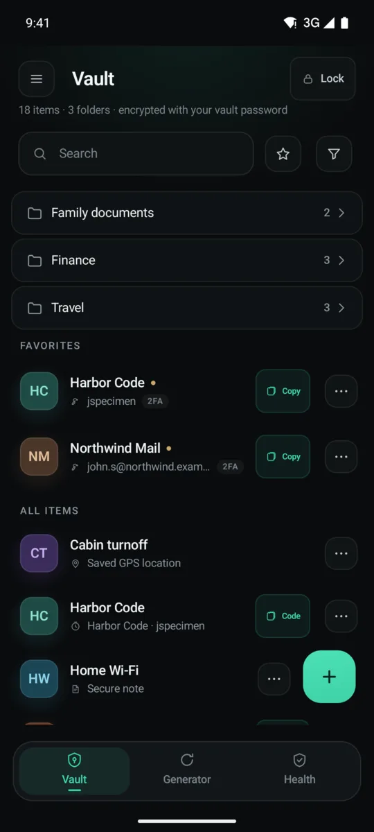 The LocalKeep vault list: folders, favourites and saved items, with search and filter buttons and the Vault/Generator/Health bar.